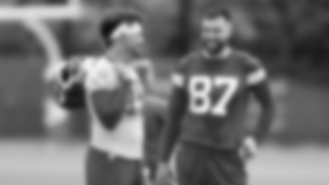 Kansas City Chiefs quarterback Patrick Mahomes (15) and tight end Travis Kelce (87) at practice during Phase 3 of OTAs on Thursday, May 30, 2024 in Kansas City, MO.